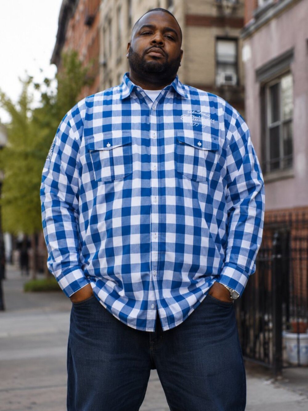 Ecko Unltd Y2K Plaid Button Up Shirt Men's 4XL Blue White Embroidered Logo